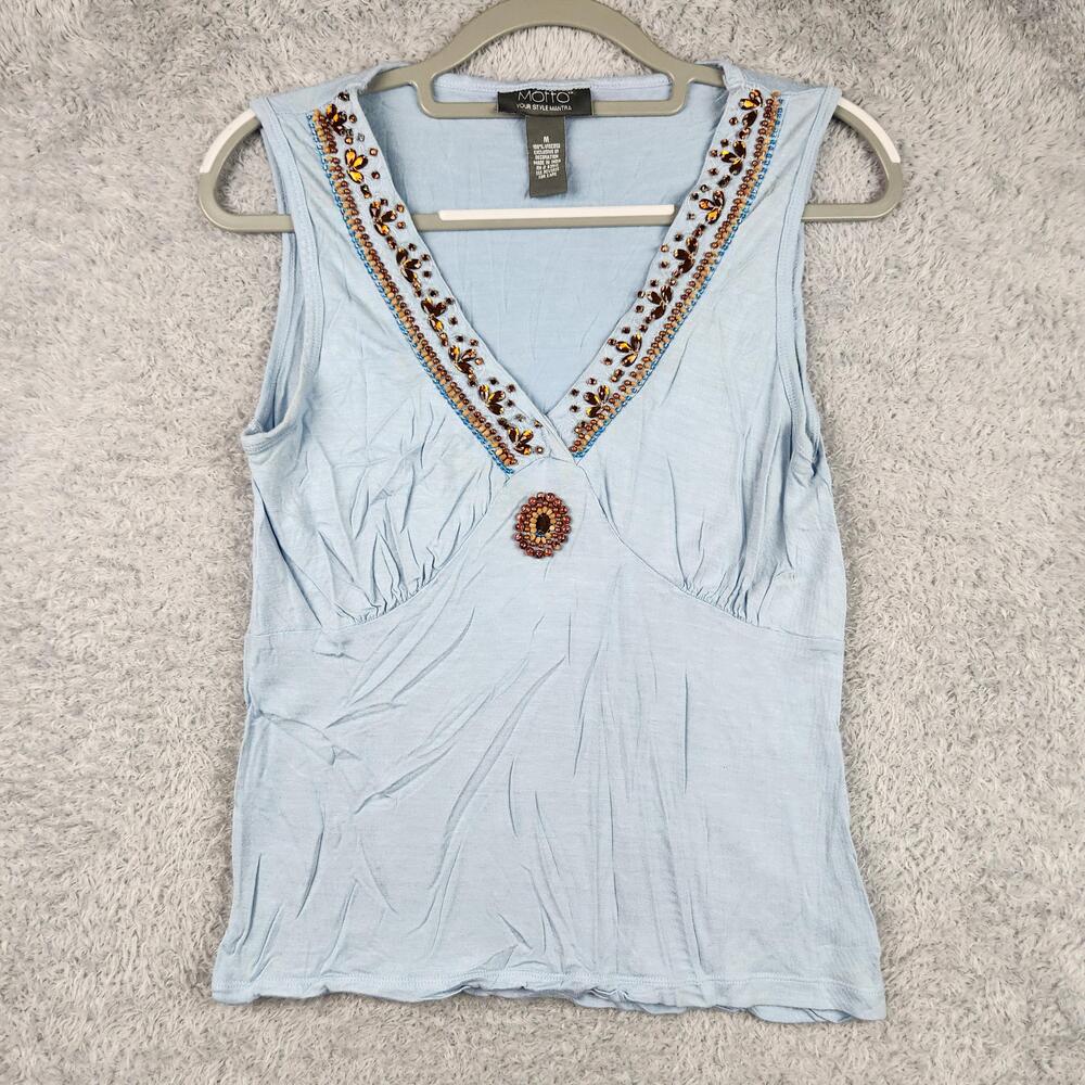 Vintage Motto Tank Top Womens Medium Blue Beaded Rhinestone Embellished Boho 90s